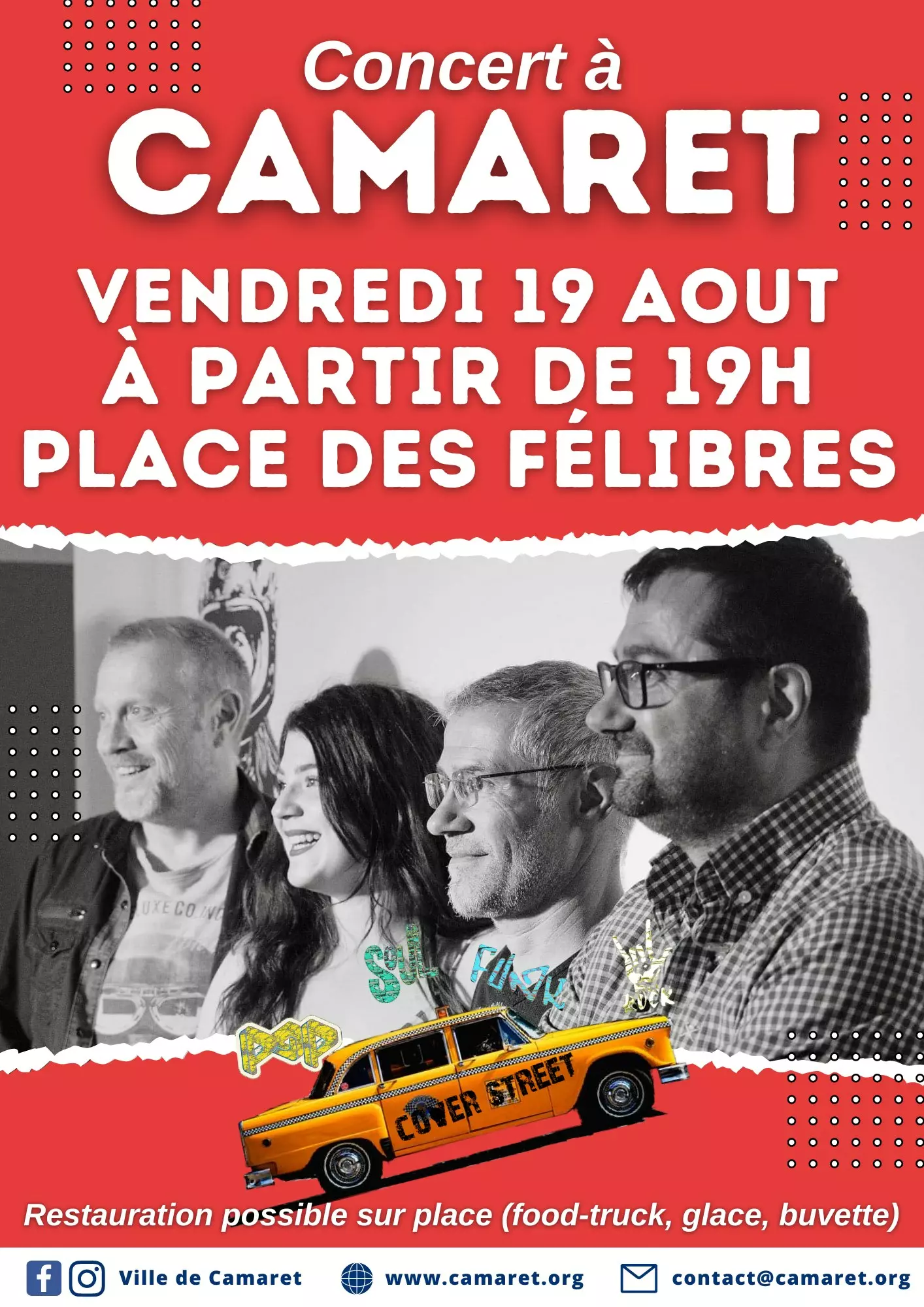 Concert à Camaret avec les Cover Street (années 80, pop, soul, funk, rock) le vendredi 19 août à partir de 19h00 sur la place des Félibres