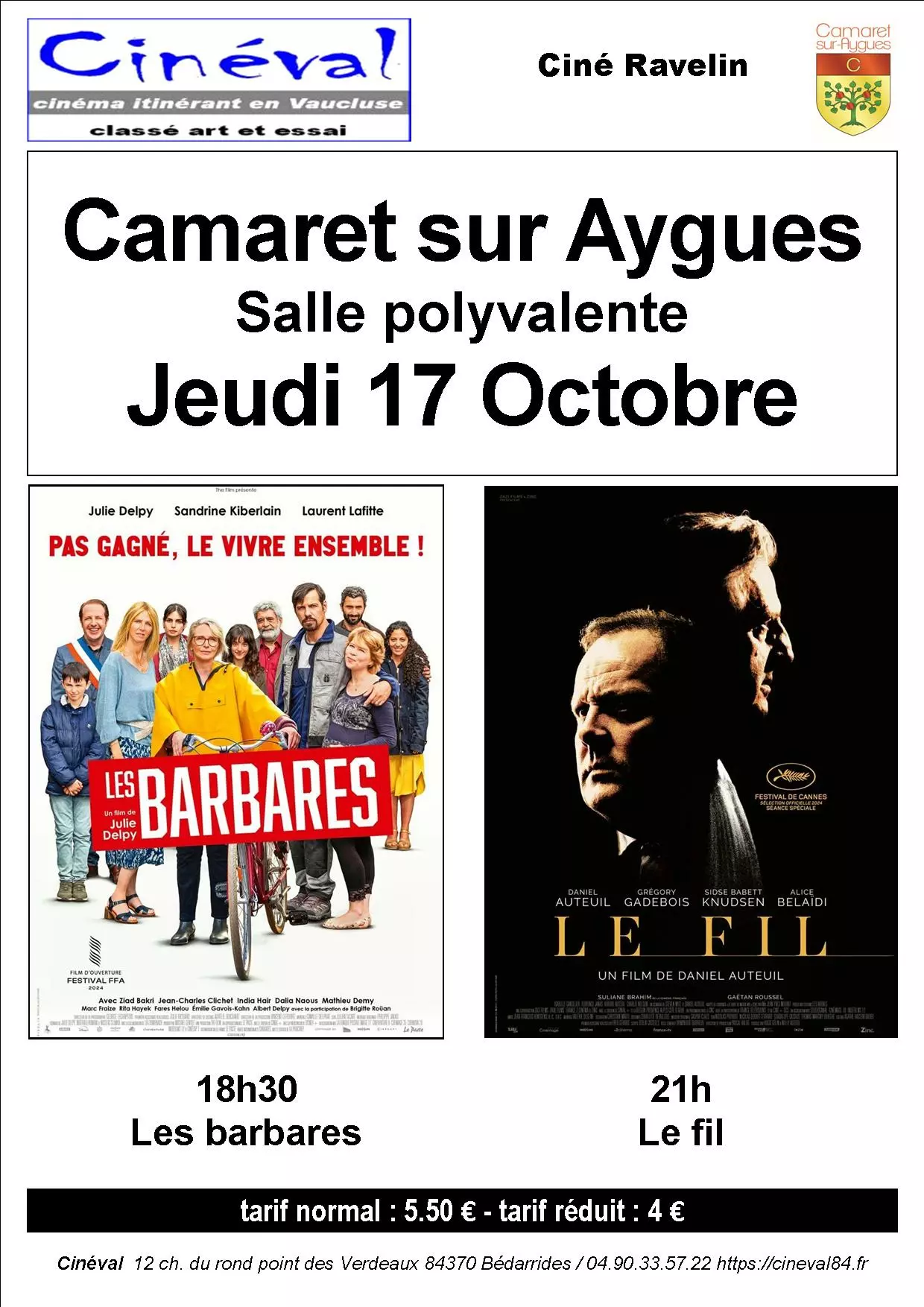 Le Ciné Ravelin vous propose la projection de deux nouveaux films ce jeudi 17 octobre 2024 à la salle polyvalente de Camaret