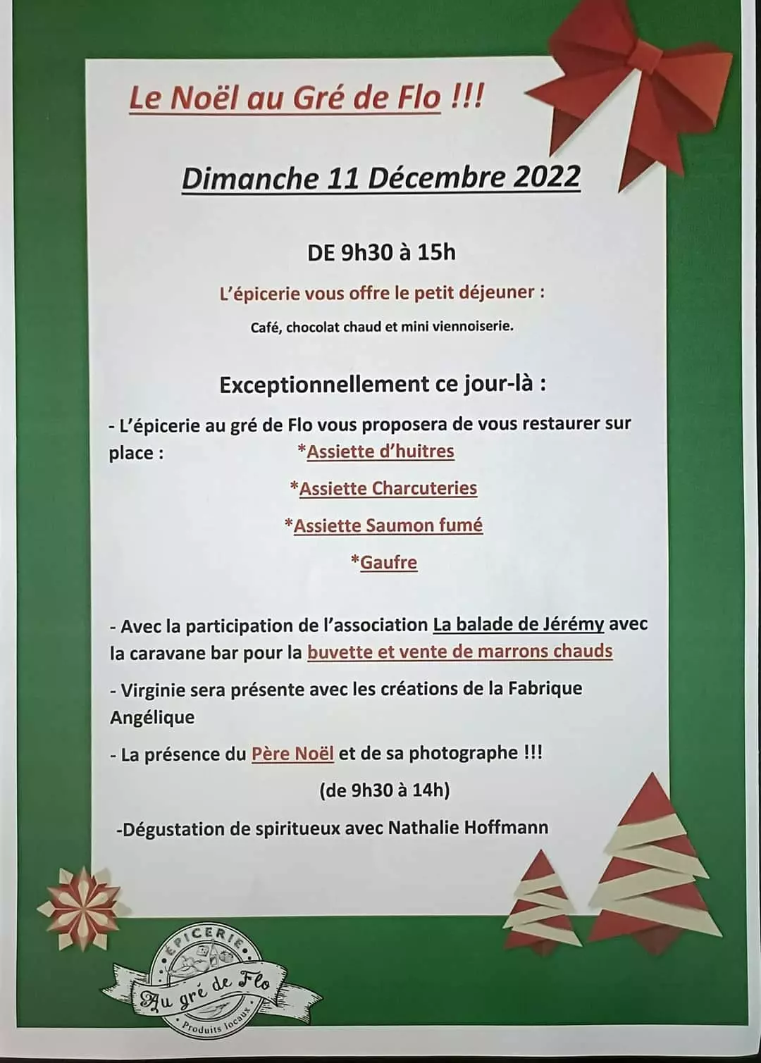 L'épicerie Au Gré de Flo vous invite le dimanche 11 décembre 2022 de 9h30 à 15h00 pour Le noël au Gré de Flo