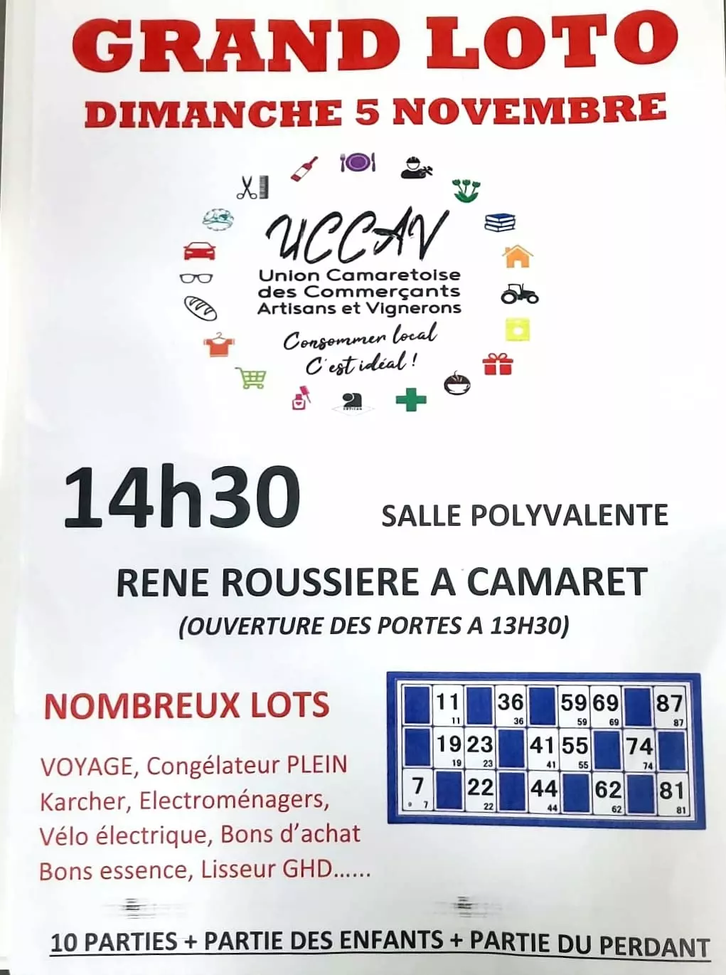 Loto de l'UCCAV le dimanche 5 novembre à 14h30 à la salle René Roussière