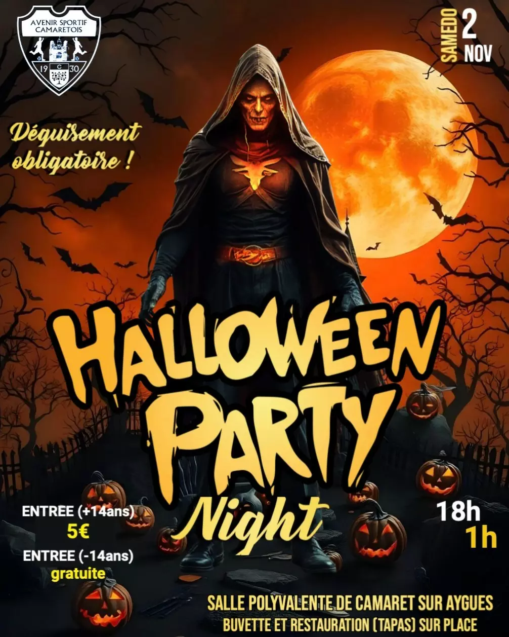 Soirée Halloween de l'Avenir Sportif Camaretois le samedi 2 novembre de 18h00 à 1h00 à la salle René Roussière