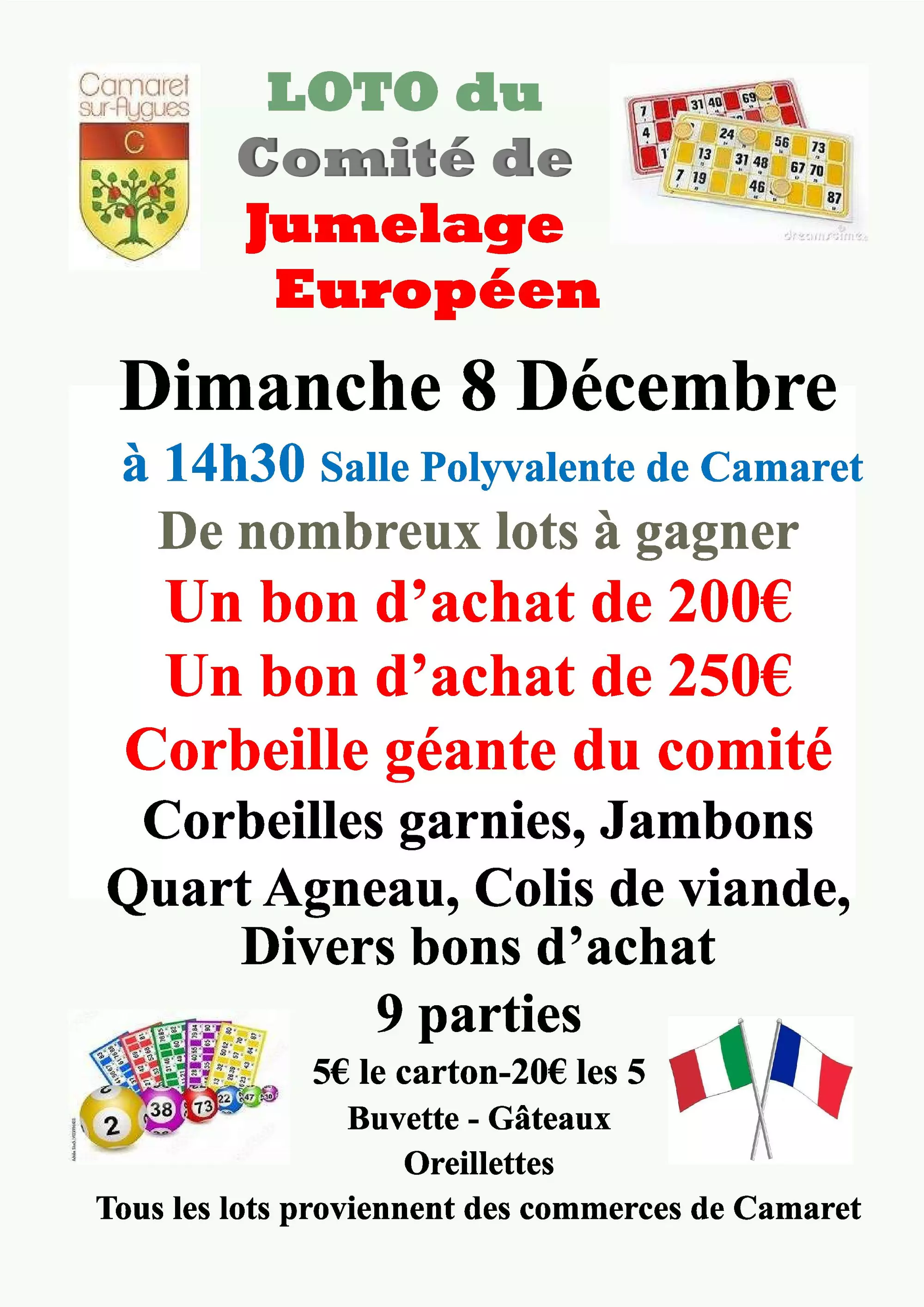 Loto du Comité de jumelage italien le dimanche 8 décembre à partir de 14h30 à la salle René Roussière