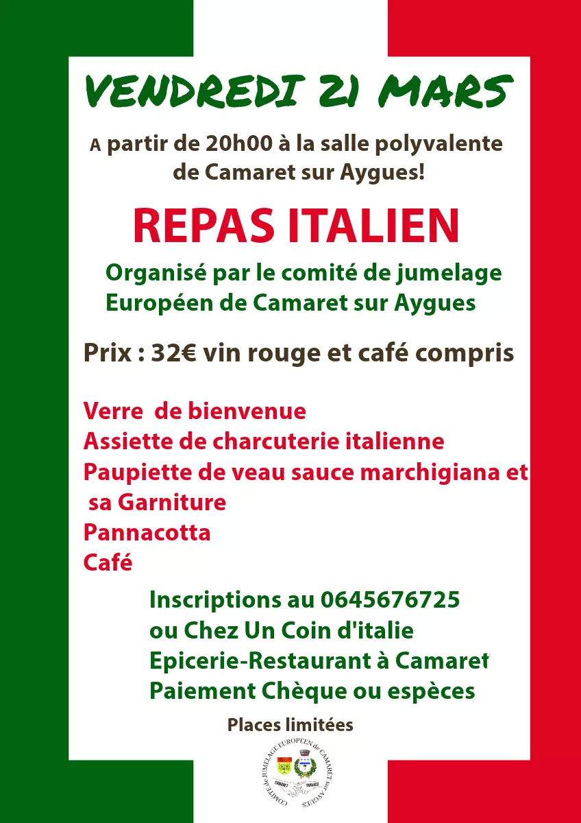 Repas du Comité de jumelage italien le vendredi 21 mars à 20h00 à la salle René Roussière