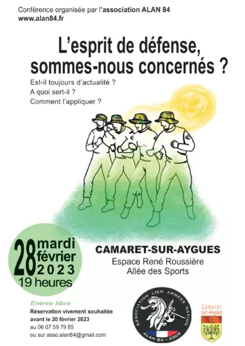 Conférence sur l'esprit de défense organisée par l'Association Lien Armée Nation ALAN 84 le mardi 28 février 2023 à 19h00 à la salle René Roussière