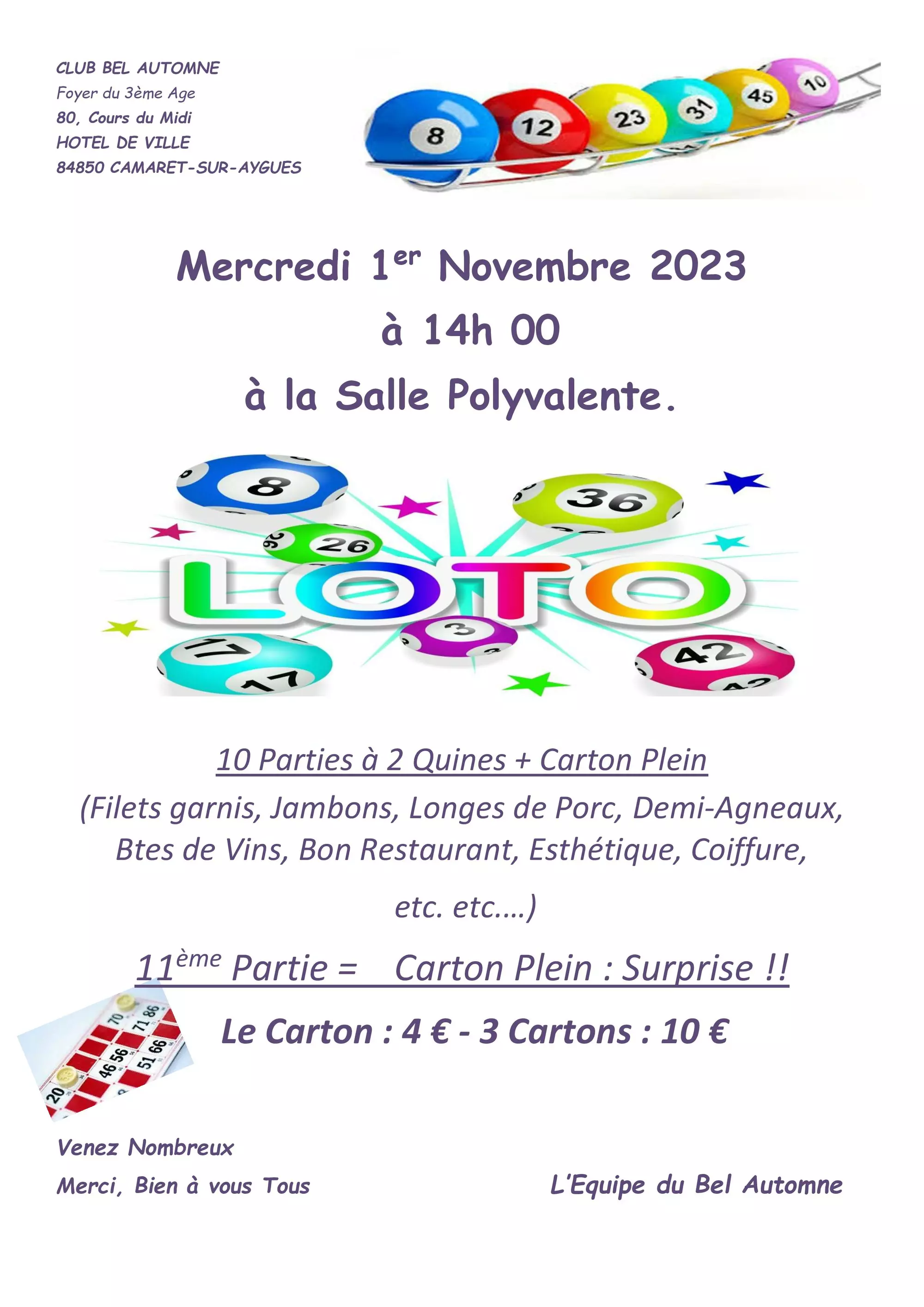 Loto du Club Bel Automne le mercredi 1er novembre à 14h00 à la salle René Roussière