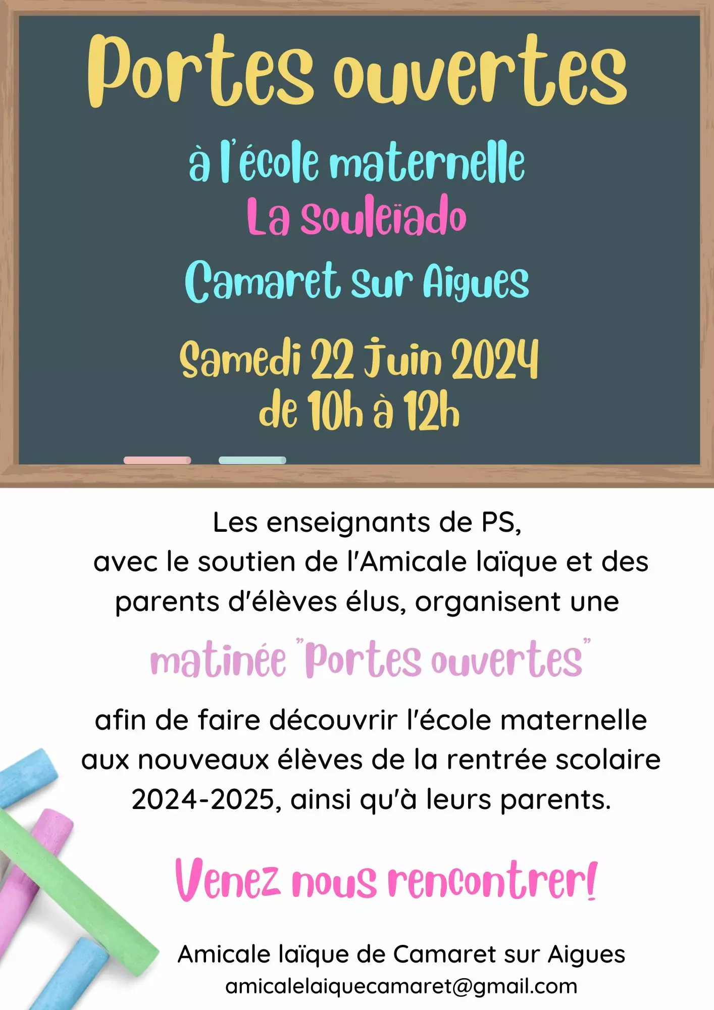 Matinée portes ouvertes à l'école maternelle la Souleiado le samedi 22 juin 2024 de 10h00 à 12h00