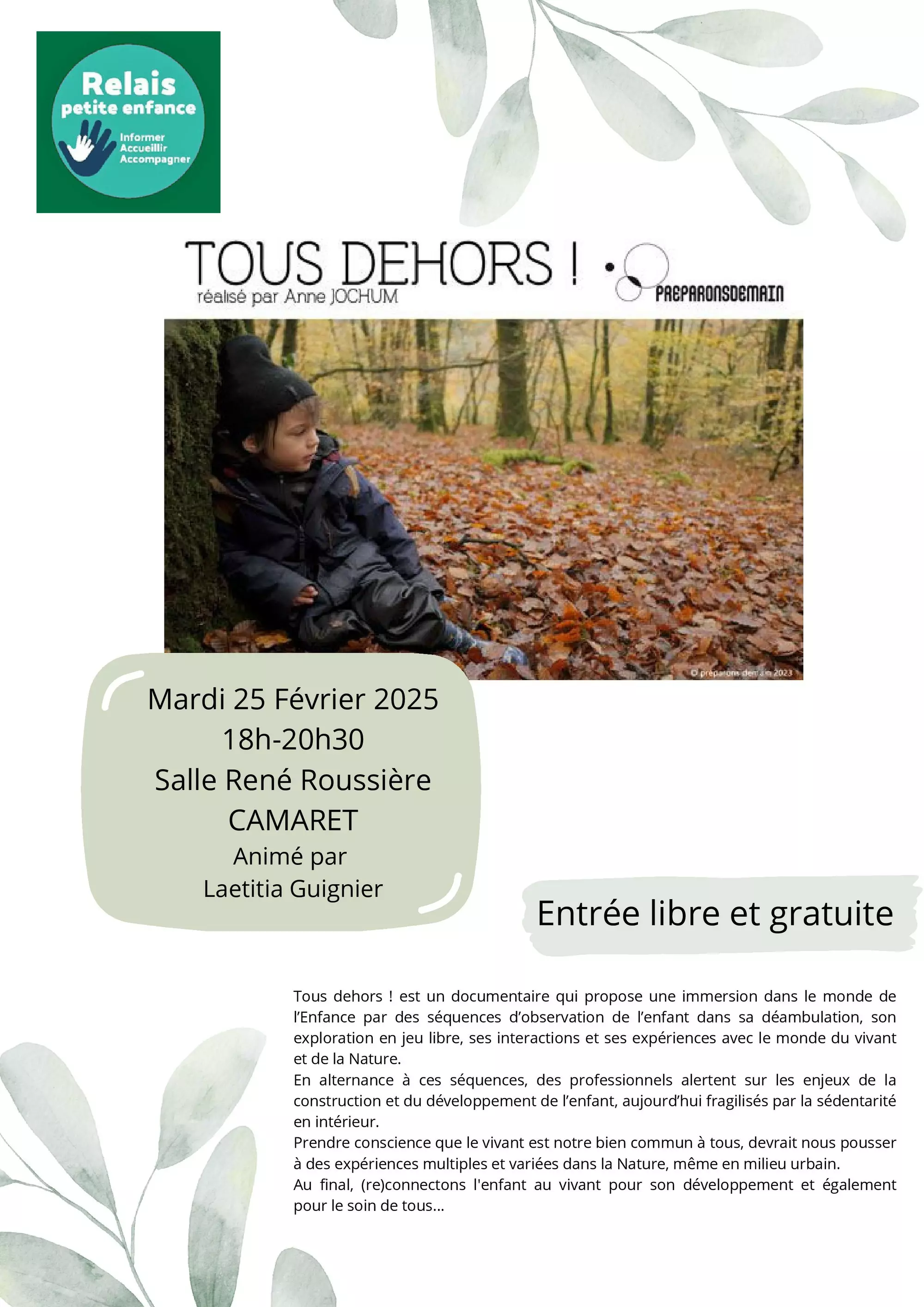 « Tous dehors ! » : ciné-débat sur le thème de la nature et l’enfant le mardi 25 février de 18h00 à 20h30 à la salle René Roussière