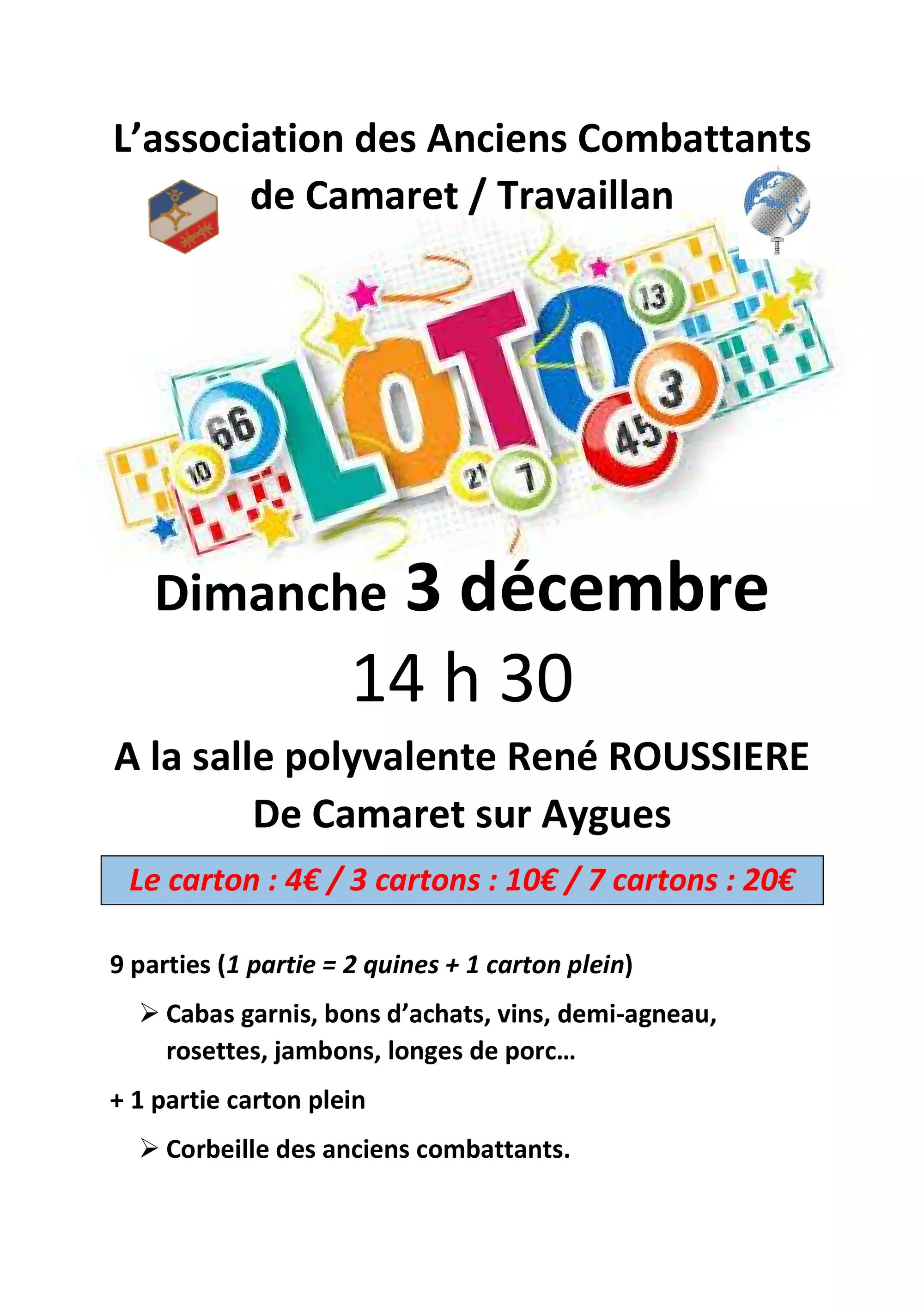 Loto du CATM Camaret / Travaillan le dimanche 3 décembre à 14h30 à la salle René Roussière