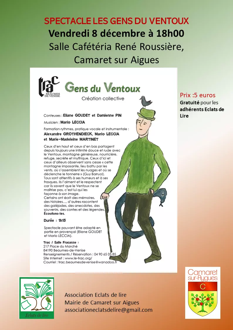 Spectacle « Les gens du Ventoux » le vendredi 8 décembre à 18h00 à la cafétéria de la salle Roussière