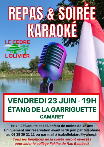 Repas et soirée karaoké le vendredi 23 juin à 19h00 à l'étang de la Garriguette