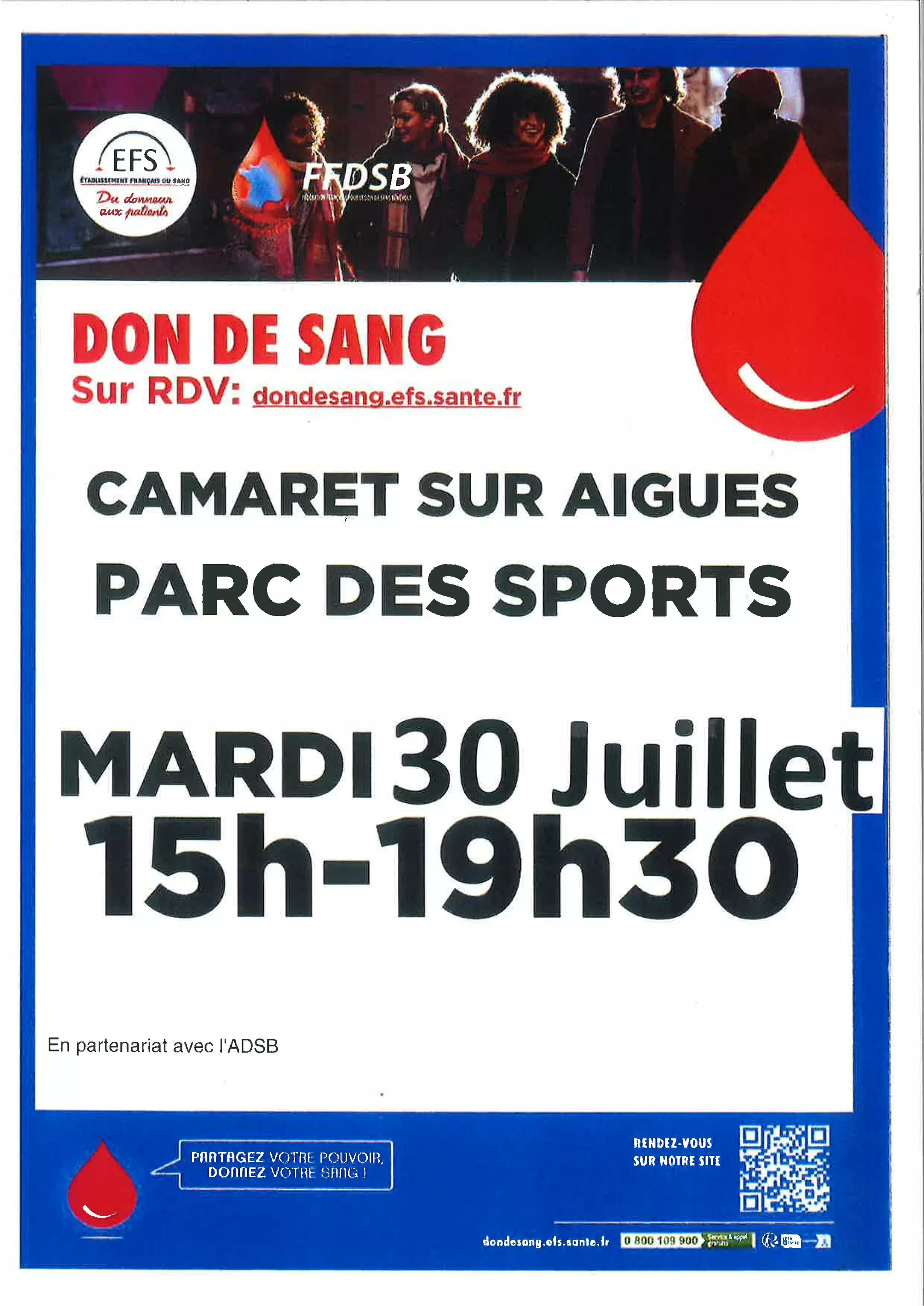 Don de sang le mardi 30 juillet de 15h00 à 19h30 à l'espace René Roussière