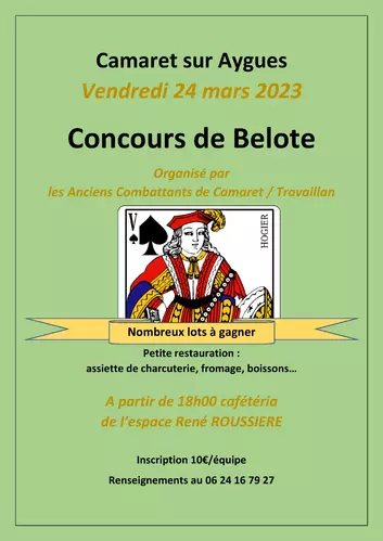 Concours de belote organisé par le CATM de Camaret / Travaillan le vendredi 24 mars à 18h00 à la Cafétéria de la salle René Roussière