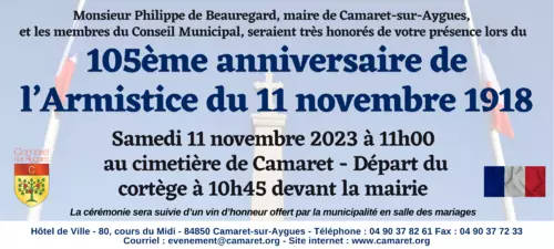 105ème anniversaire de l'Armistice du 11 novembre 1918 le vendredi 11 novembre 2023 à 11h00