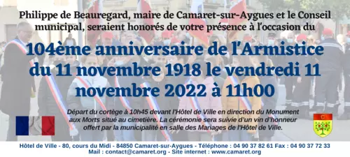 104ème anniversaire de l'Armistice du 11 novembre 1918 le vendredi 11 novembre 2022 à 11h00