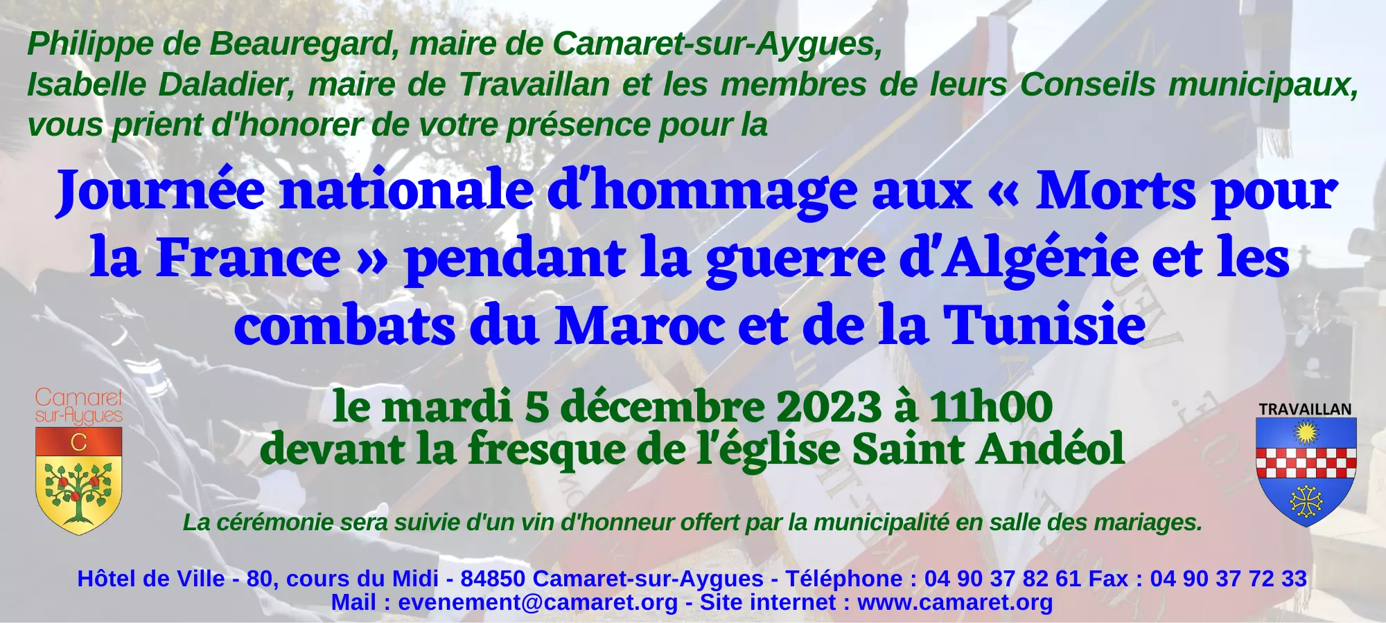 Journée nationale d'hommage aux « Morts pour la France » pendant la guerre d'Algérie et les combats du Maroc et de la Tunisie ce mardi 5 décembre à 11h00 devant la fresque de l'église Saint Andéol