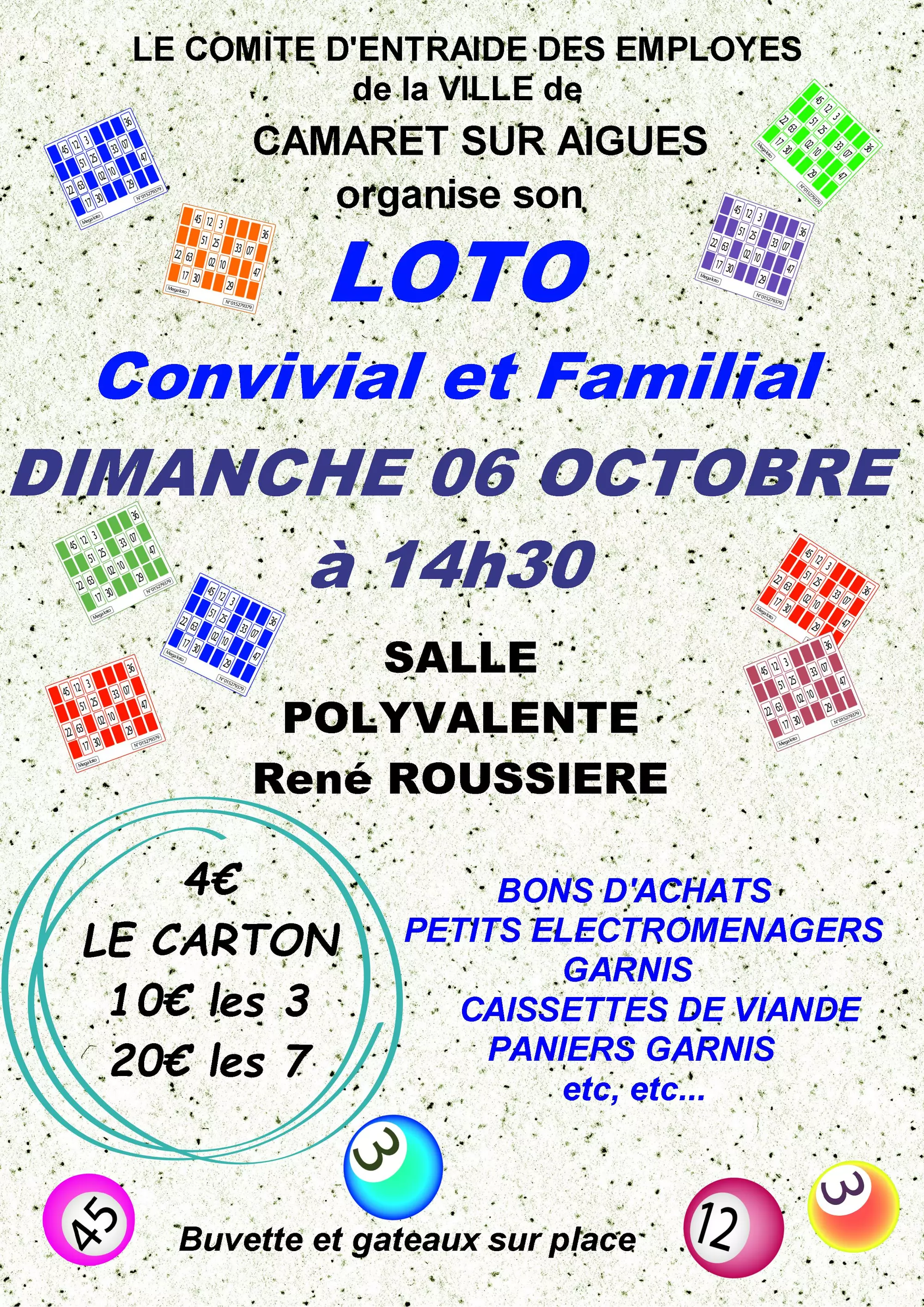 Loto du Comité d'entraide des employés de la Ville de Camaret-sur-Aygues le dimanche 6 octobre à 14h30 à la salle René Roussière