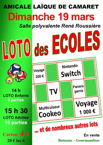 Loto de l'Amicale Laïque de Camaret le dimanche 19 mars 2023 dès 14h00 à l'Espace René Roussière