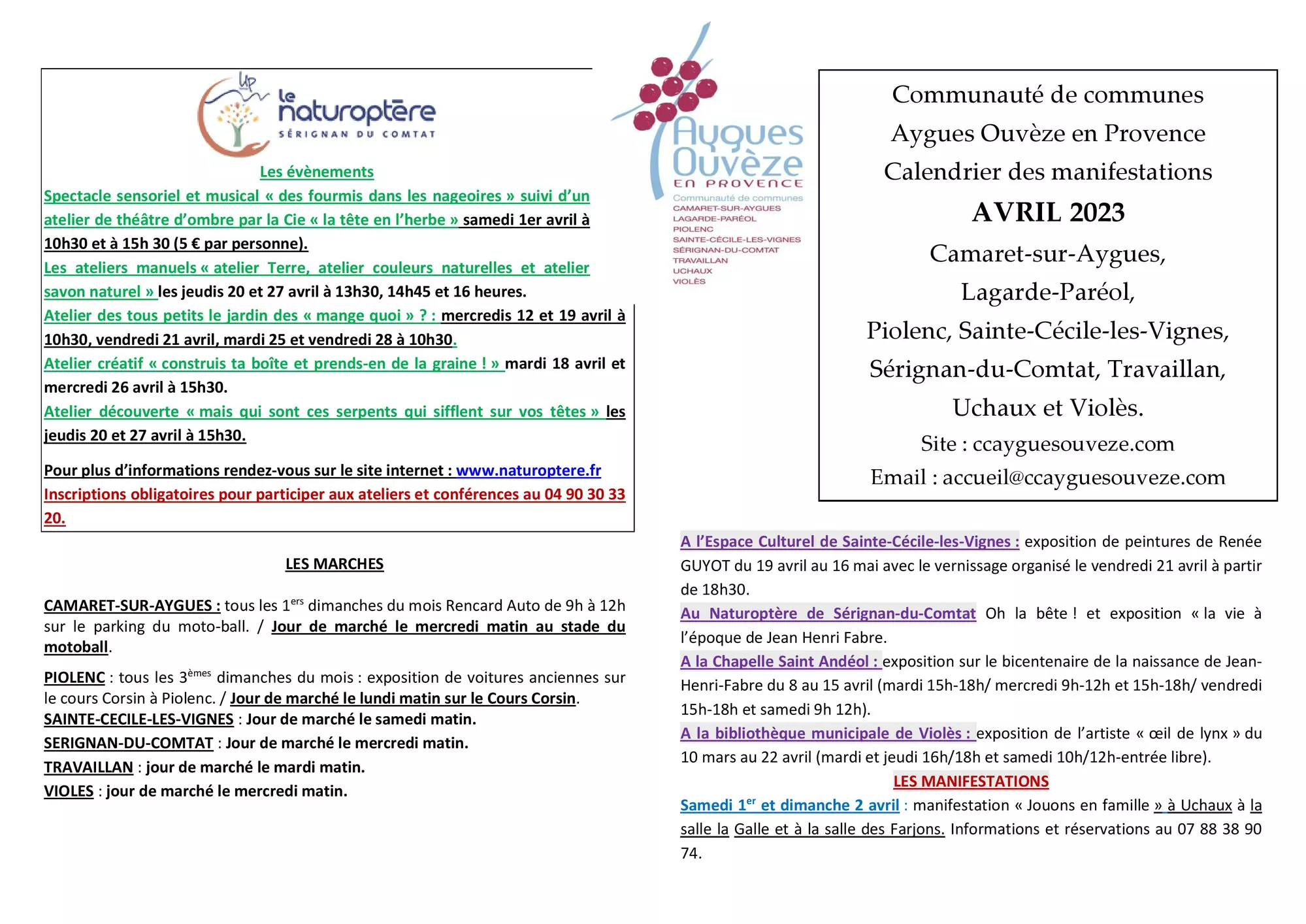 Agenda des manifestations du mois d'avril sur la CCAOP