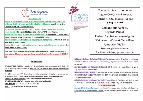 Agenda des manifestations du mois d'avril sur la CCAOP