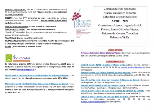 Agenda des manifestations du mois d'avril sur la CCAOP