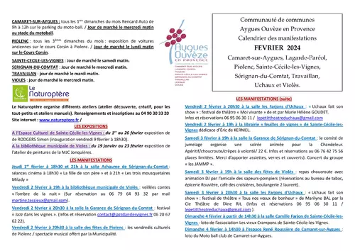 Agenda des manifestations du mois de février sur la CCAOP