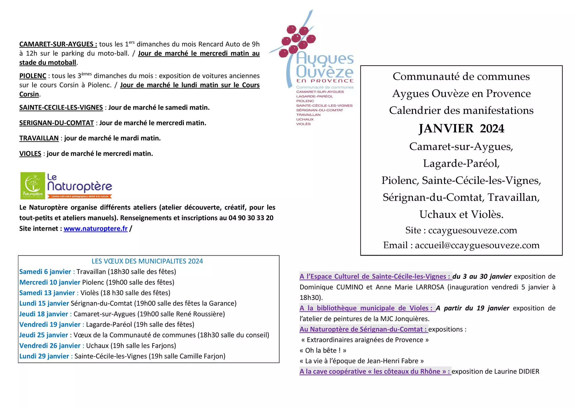 Agenda des manifestations du mois de janvier sur la CCAOP