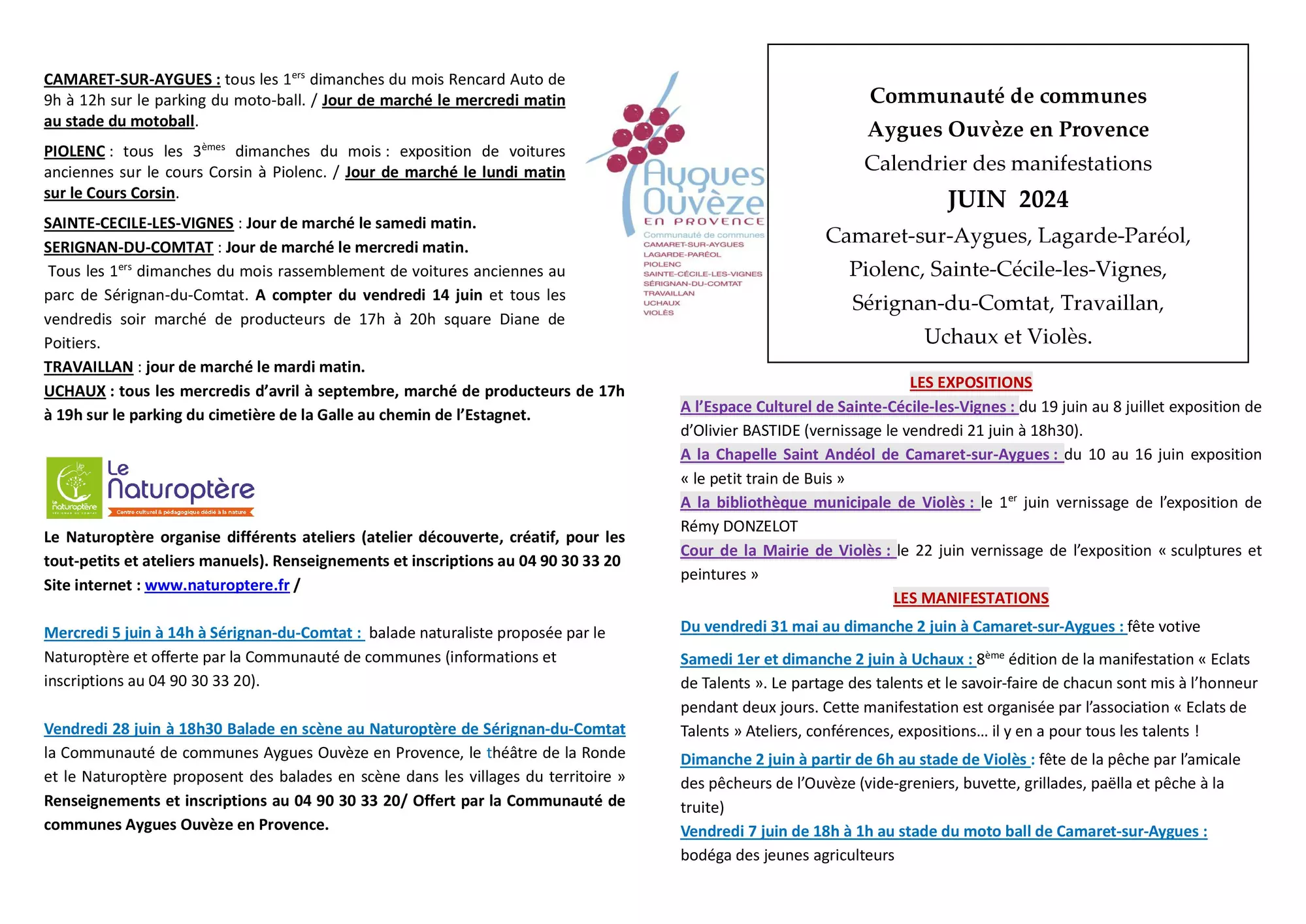 Agenda des manifestations du mois de juin sur la CCAOP