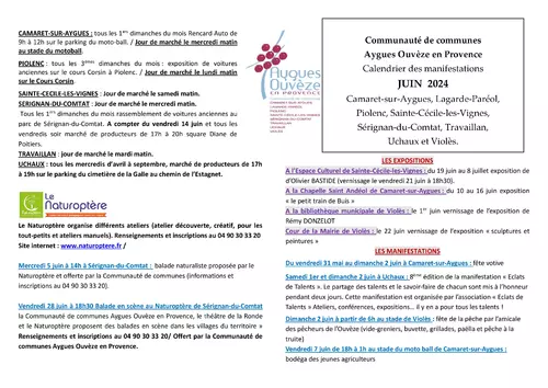 Agenda des manifestations du mois de juin sur la CCAOP