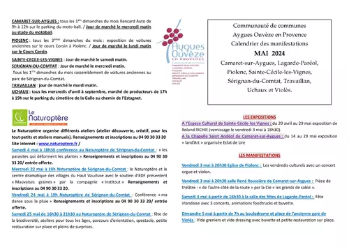 Agenda des manifestations du mois de mai sur la Communauté de communes Aygues Ouvèze en Provence