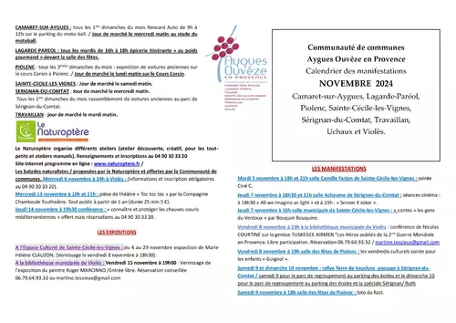 Agenda des manifestations du mois de novembre sur la CCAOP