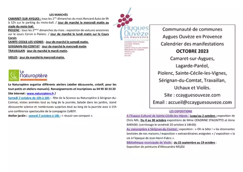 Agenda des manifestations du mois d'octobre sur la CCAOP