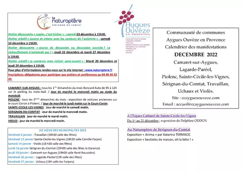 Agenda des manifestations du mois de décembre sur la CCAOP