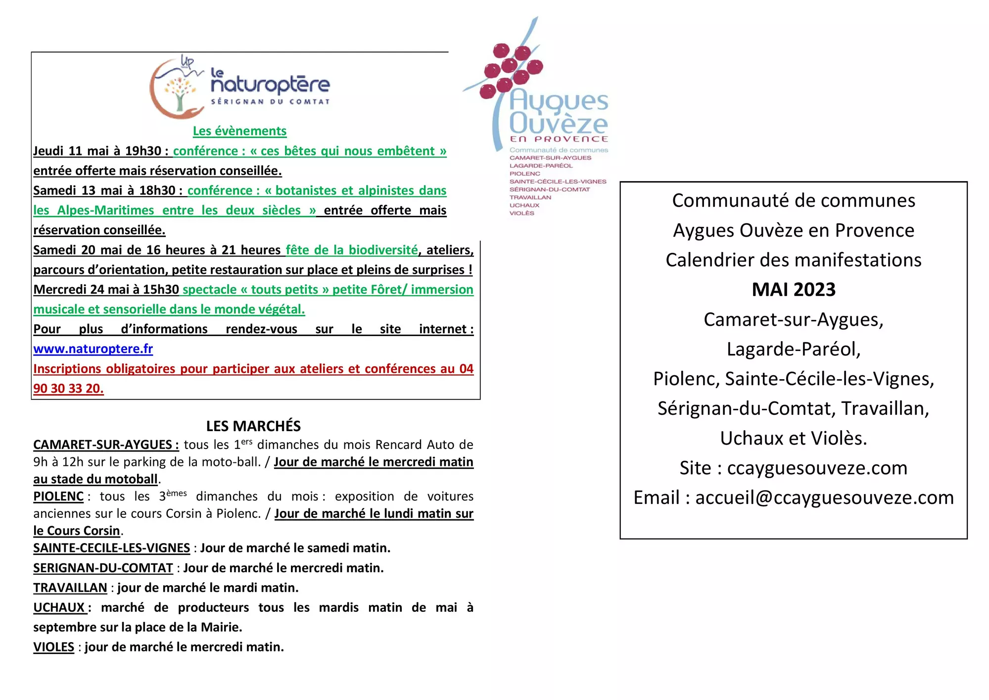 Agenda des manifestations du mois de mai sur la Communauté de communes Aygues Ouvèze en Provence