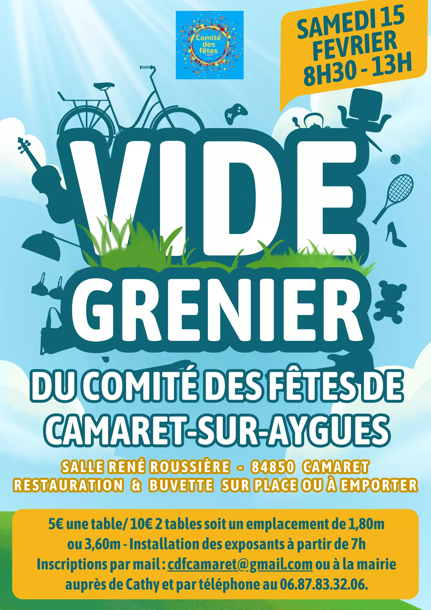 Vide-grenier du Comité des fêtes de Camaret-sur-Aygues le samedi 15 février de 8h30 à 13h00 à la salle René Roussière