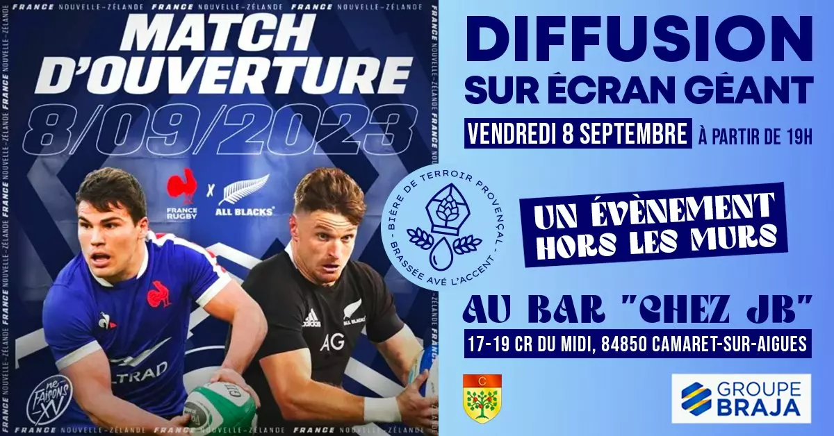 Diffusion du match d'ouverture France / Nouvelle-Zélande sur écran géant devant le Café du Siècle et sur le cours du Midi le vendredi 8 septembre à partir de 19h00 (début du match à 21h00)