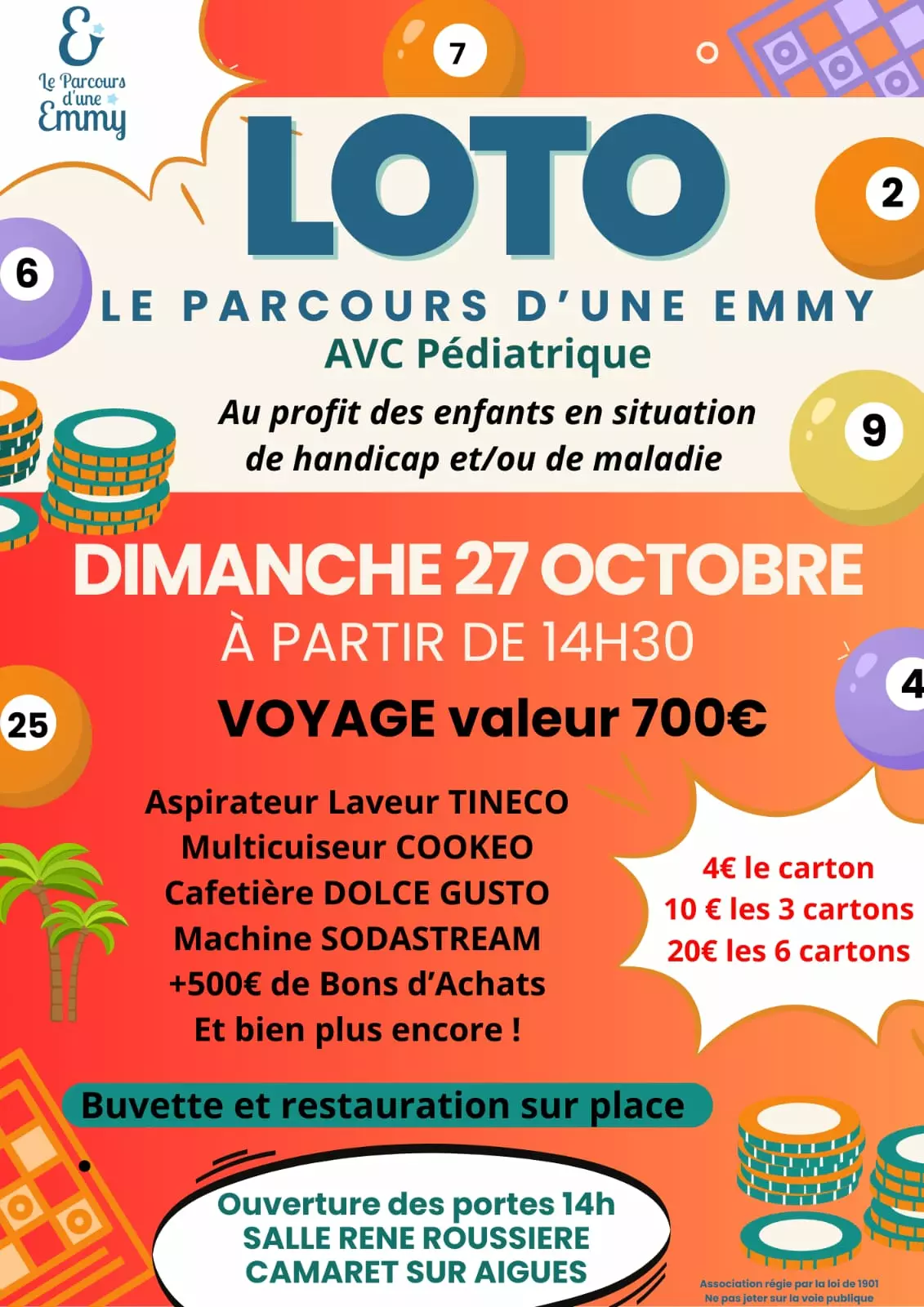 Loto de l'association Le Parcours d'Une Emmy le dimanche 27 octobre à 14h30 à la salle René Roussière