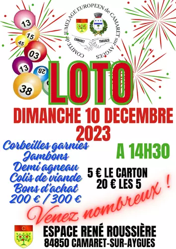 Loto du Comité de Jumelage Européen Camaret sur Aigues-Travaco Siccomario le dimanche 10 décembre à 14h30 à la salle René Roussière