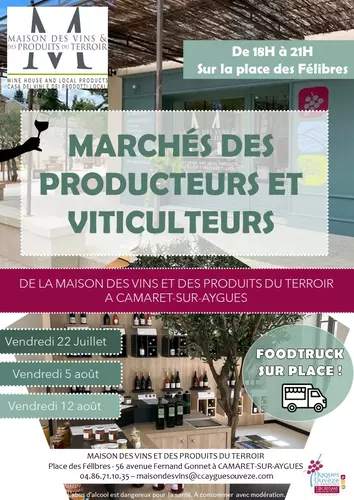 Marchés des producteurs et viticulteurs le 22 juillet, 5 août et 12 août sur la place des Félibres