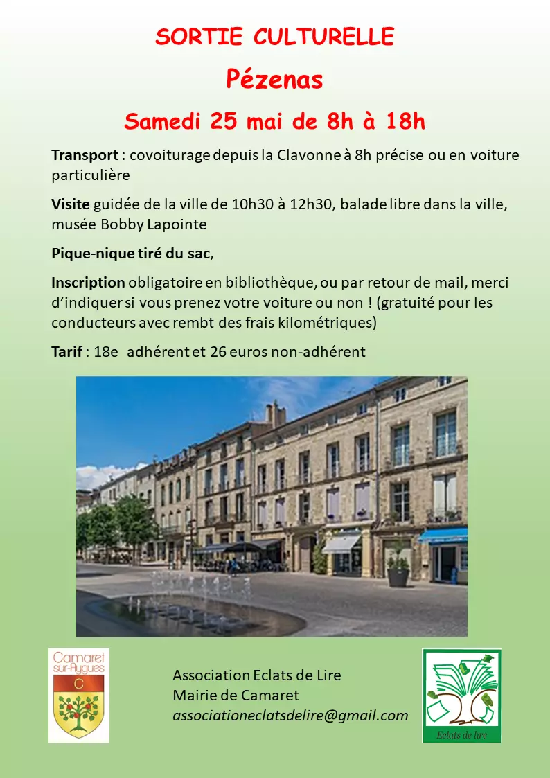 Sortie culturelle à Pézenas organisée par l'association Éclats de Lire le samedi 25 mai de 8h à 18h