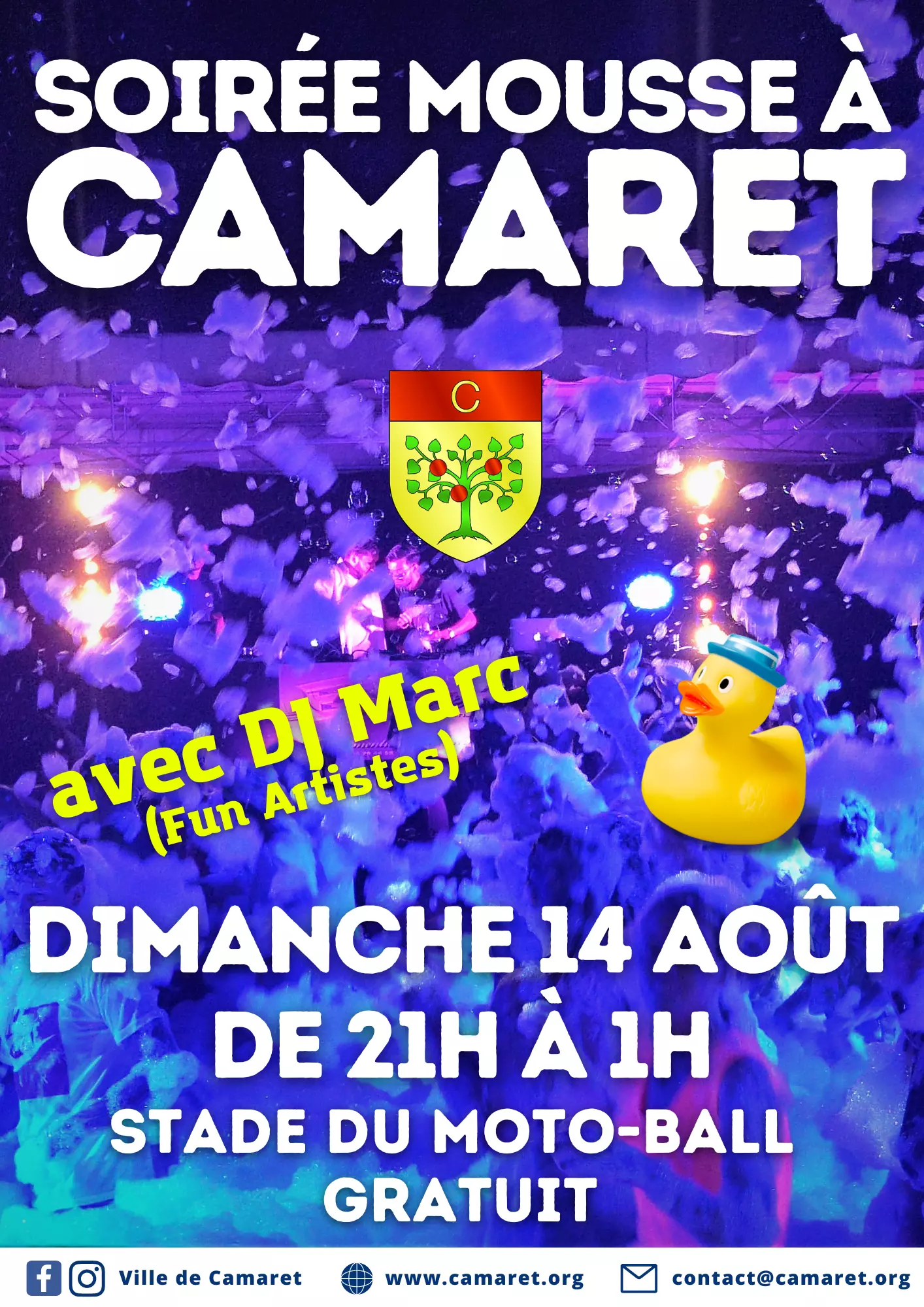 Soirée mousse organisée par la Ville de Camaret le dimanche 14 août de 21h00 à 1h00 au stade du moto-ball (veille de jour férié !)