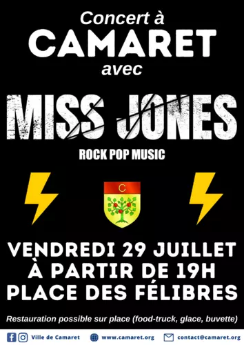 Concert à Camaret avec le groupe Miss Jones (rock pop music) le vendredi 29 juillet à partir de 19h00 sur la place des Félibres