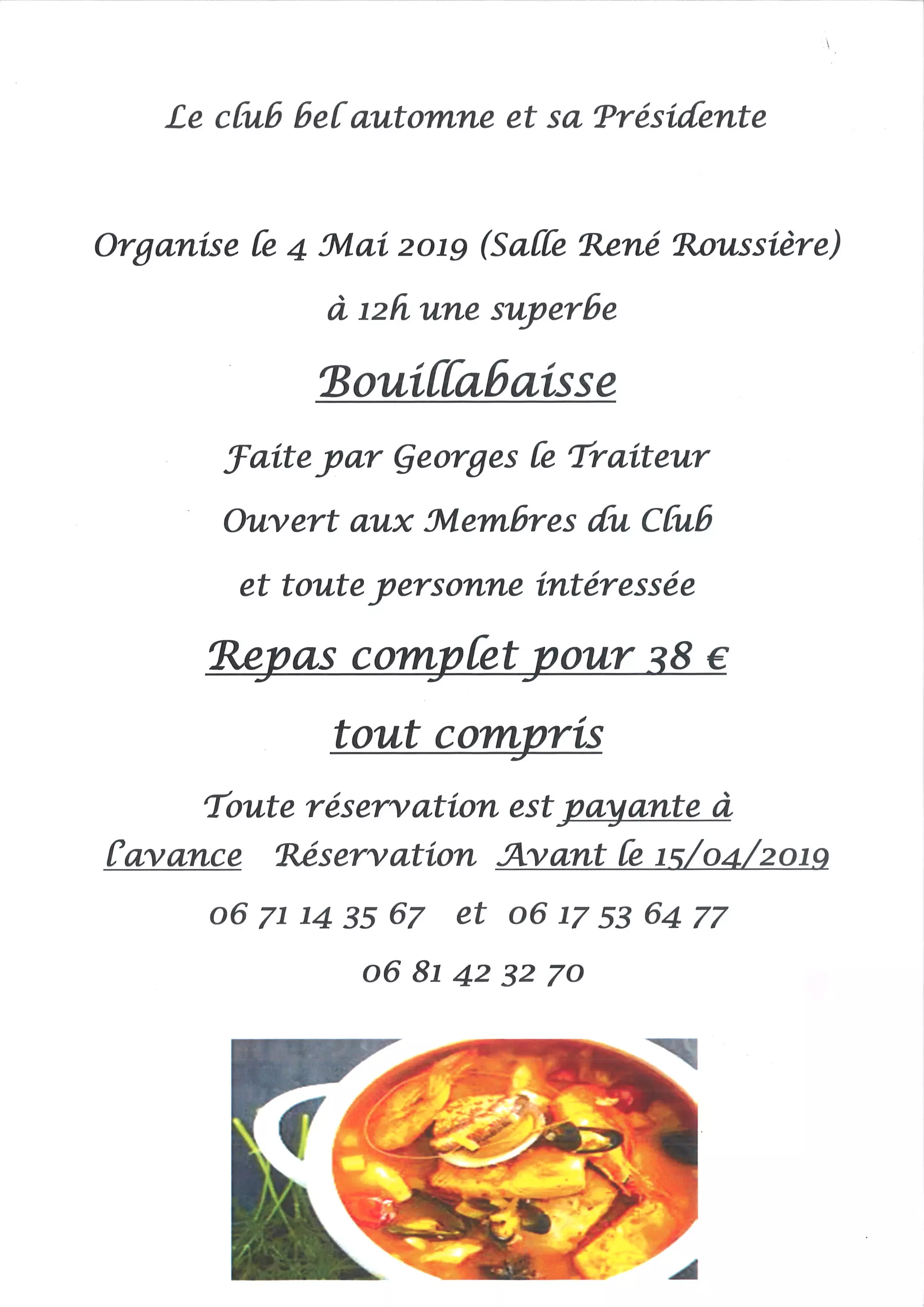 Venez déguster une bouillabaisse organisée par le Club bel Automne