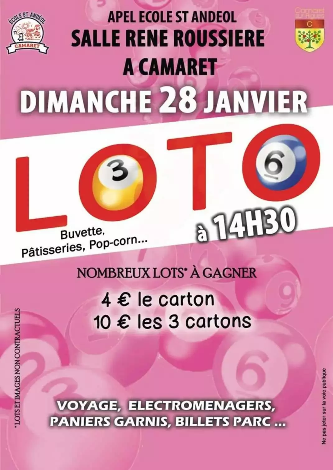 Loto de l'APEL ST Andéol - Camaret le dimanche 28 janvier 2024 à 14h30 à la salle René Roussière