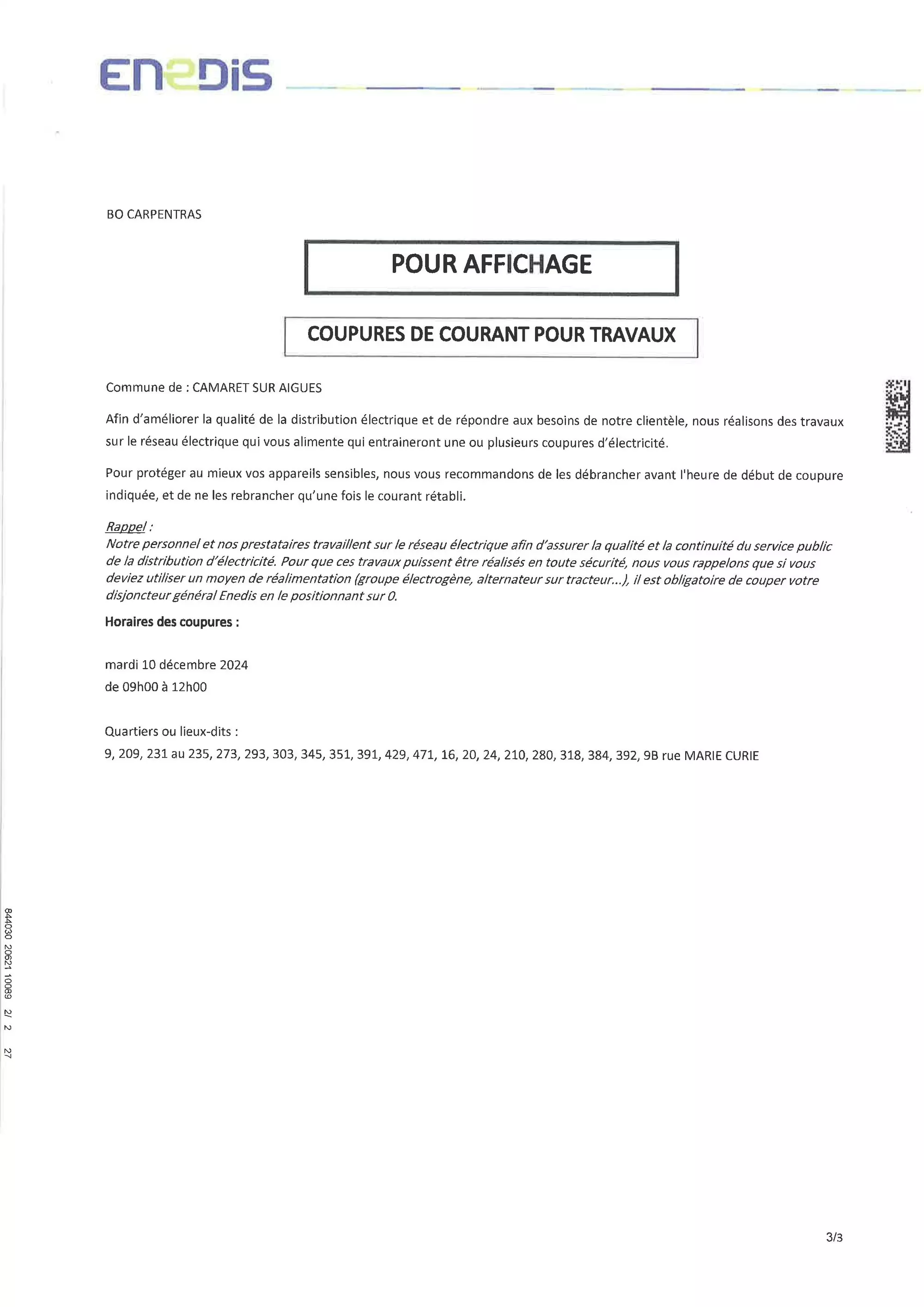 ENEDIS nous informe d'une coupure de courant le mardi 10 décembre 2024 de 9h00 à 12h00 secteur rue Marie Curie