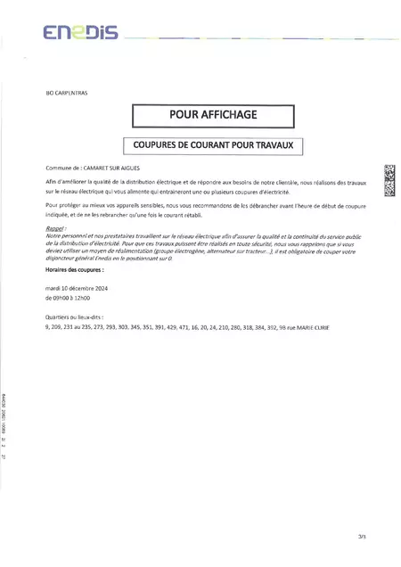 ENEDIS nous informe d'une coupure de courant le mardi 10 décembre 2024 de 9h00 à 12h00 secteur rue Marie Curie