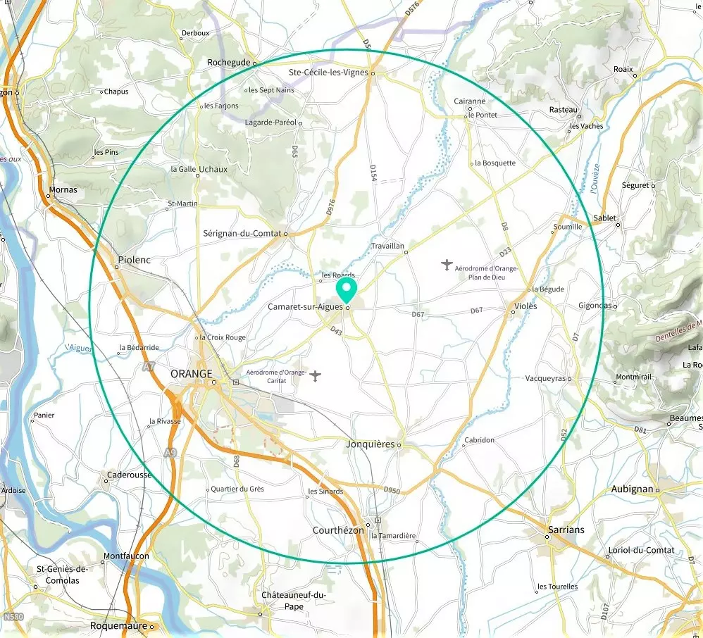 Rayon de dix kilomètres autour de Camaret (depuis la mairie, cours du Midi)