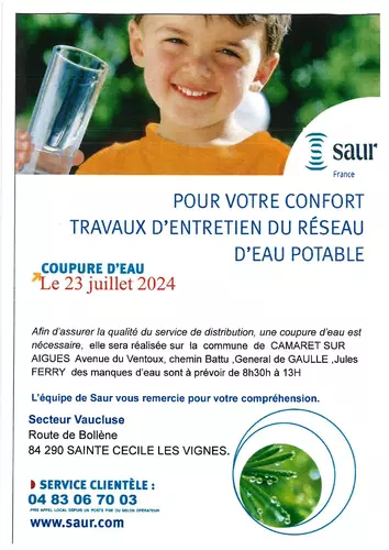 Coupure d'eau ce mardi 23 juillet : information de la SAUR