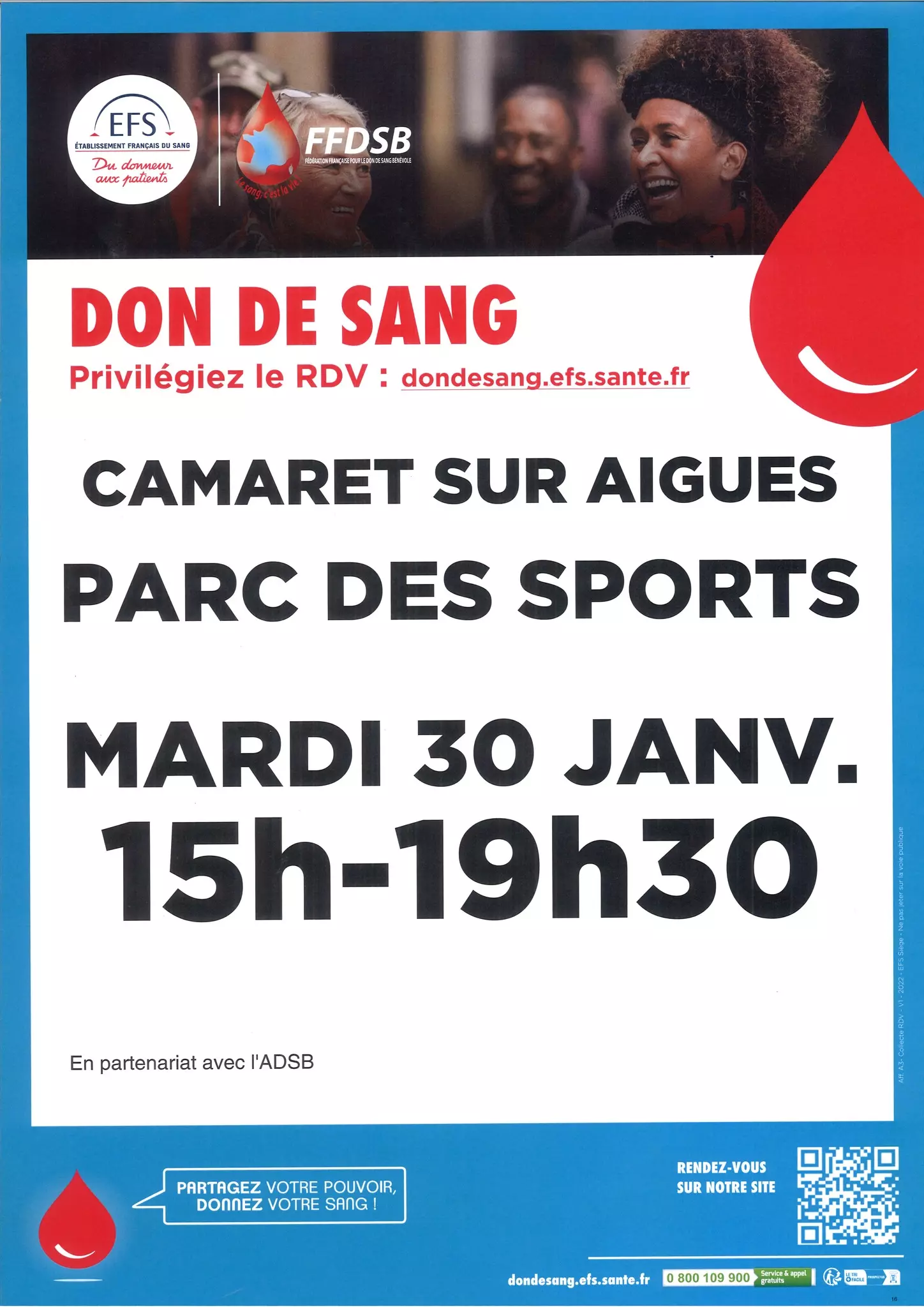 Don de sang le mardi 30 janvier de 15h00 à 19h30 à l'espace René Roussière