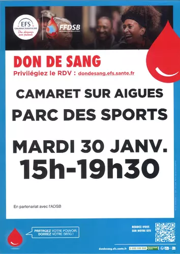 Don de sang le mardi 30 janvier de 15h00 à 19h30 à l'espace René Roussière