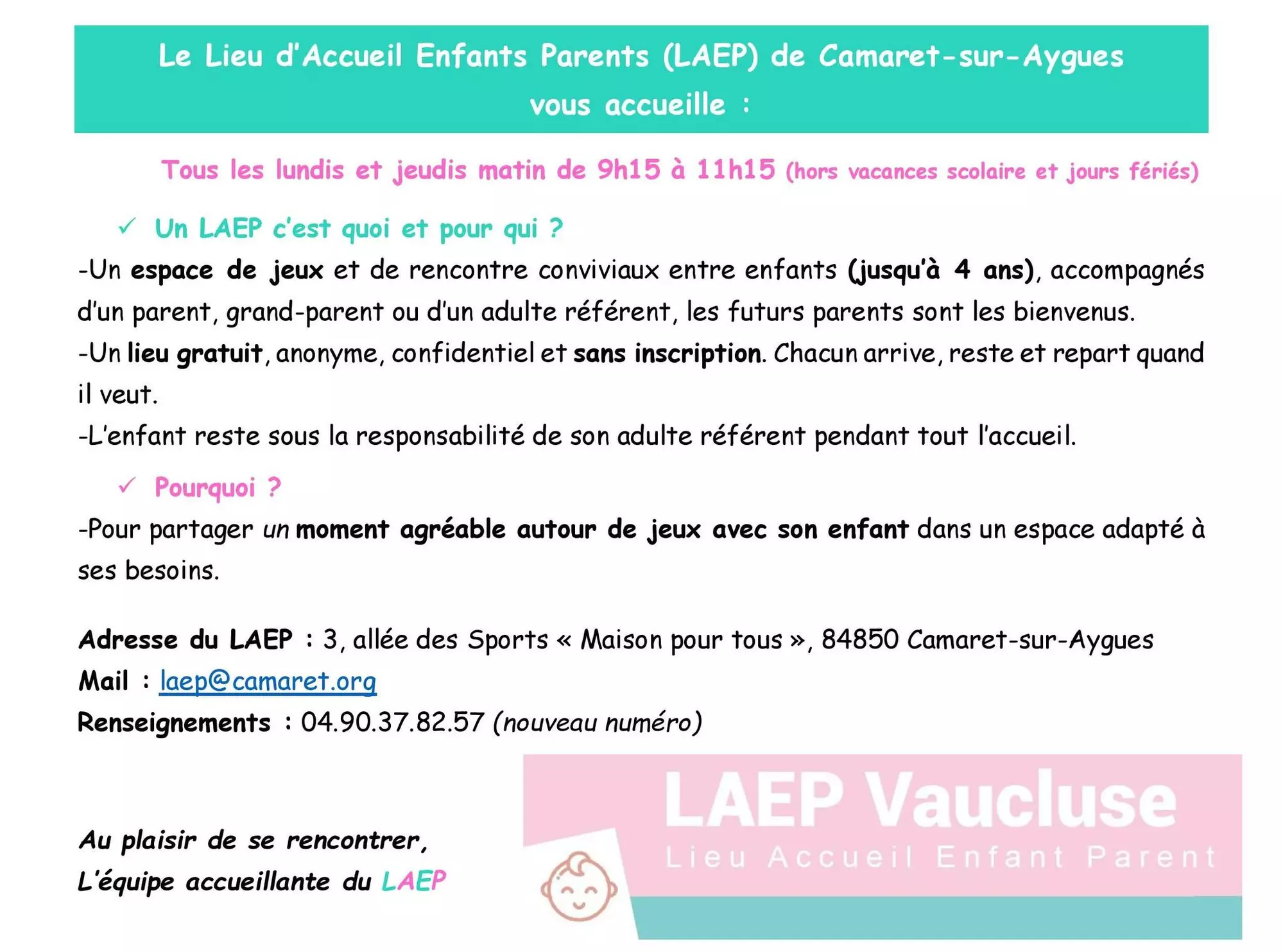 Information du LAEP (Lieu d'Accueil Enfants Parents) de la Ville de Camaret-sur-Aygues à retrouver ci-dessous